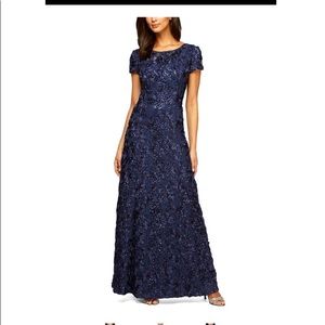 Alex evenings Long Rosette A-Line Gown Sequin Detail & Short Illusion Sleeves